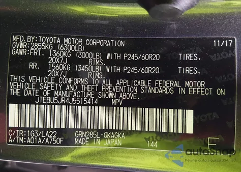 2018 Toyota 4Runner Sr5 Prem/Ltdl/Trail/Trd z USA, uszkodzony, nr VIN JTEBU5JR4J5515414